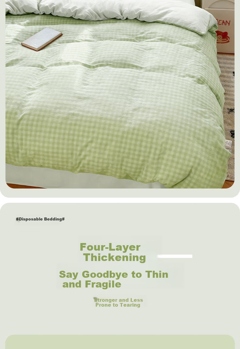Qihaiqiu Disposable 3-Piece Single Thickened Pillowcase Duvet Cover Bed Sheet Travel Hotel Hygiene Portable Light Green Plaid 5