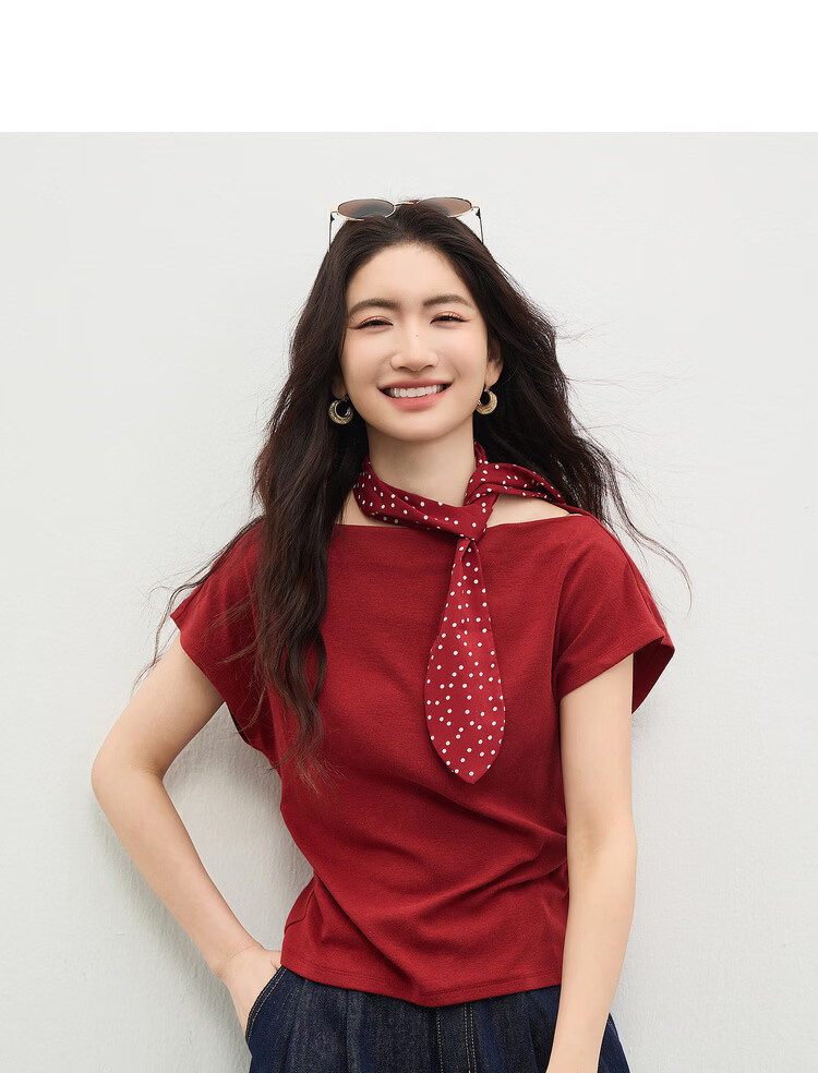 Shangdu Bila Back Waist Hollow Out Pleated Cotton Blend T-Shirt Women Spring Summer Petite Raglan Short Sleeve Slim Fit Top 4