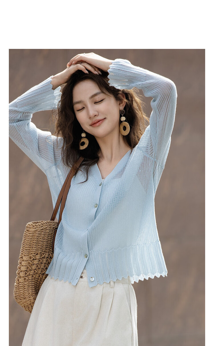 Demana [Breathable Tencel] Spring Elegant V-Neck Jacquard Cardigan with Wavy Edges Hollow Out Women's Knitwear 11