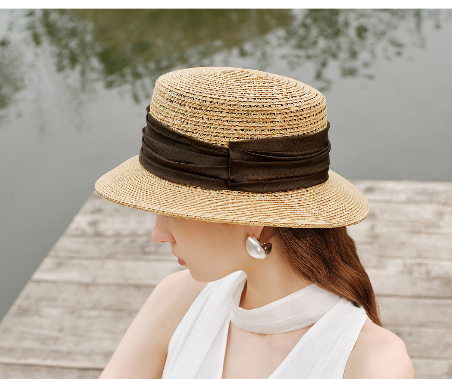 FANCET Mulberry Silk Waistband Straw Hat for Women Summer Beach Vacation French Flat Top Sunshade Sunscreen Luxury Elegant Hat 24