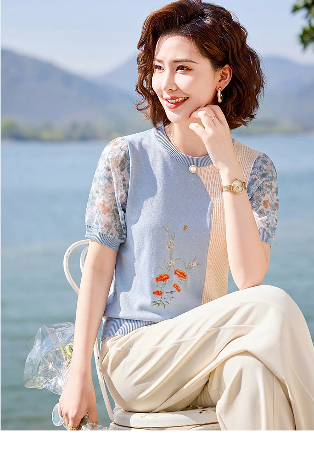 Yuzhaolin Summer Middle-Aged and Elderly Women's Mid-Sleeve Knitted Chiffon T-Shirt for Moms Age 40-50 Y52T160 6