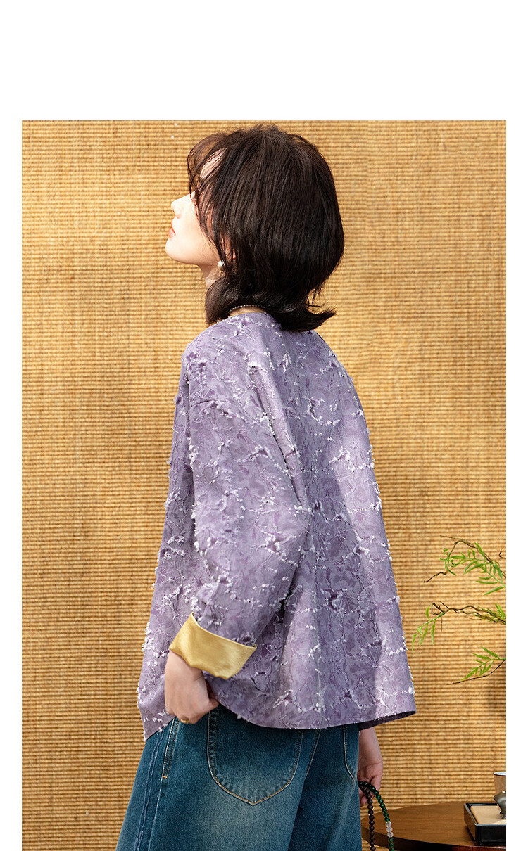 Demana [Purple in Spring] Spring National Style New Chinese Jacquard Frog Button Color-Block Turn-Up Sleeve Petite Women's Jacket 11