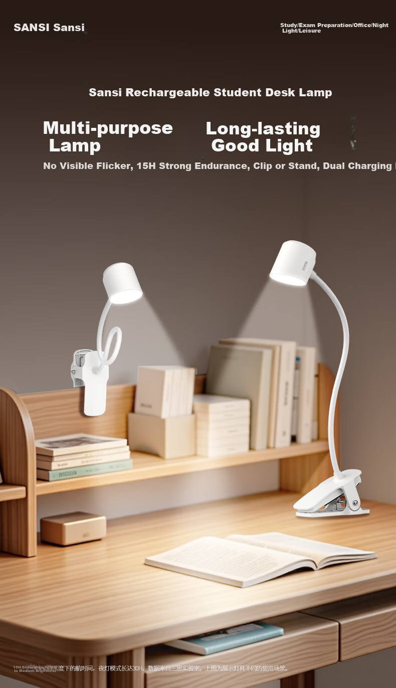 Sansi LED Desk Lamp Eye Protection Study Lamp Bedside Lamp Bedroom Dormitory Reading Clip Light Dual Use 4W 1
