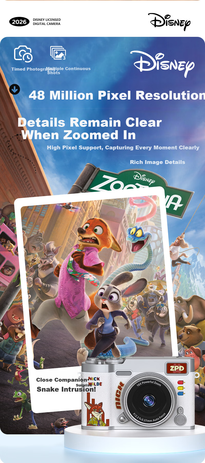 Disney Zootopia Kids Camera CCD Alternative Student Flip Screen Portable Entry-Level Camera for Photography Travel Boys Girls Birthday Lantern Festival School Gift X2 Judy 6