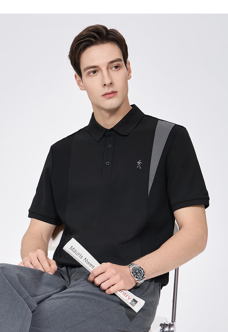 Dancing with Wolves [Ice Cool Tencel] Colorblock Spliced Collar Men's Summer Lyocell Short Sleeve Polo Shirt 001 Black XL 5