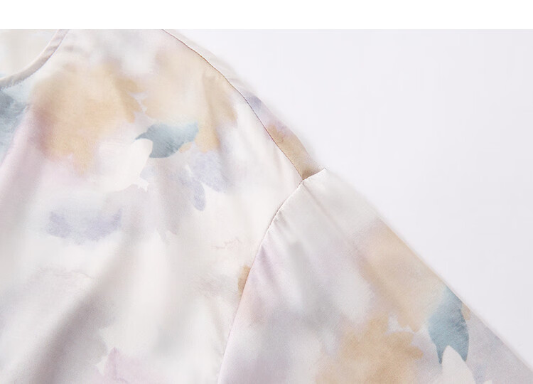 Demana [Floral Melody] Spring Gentle Style Round Neck Printed Ruched Ruffle Hem Loose Fit Petite Women's Shirt 13