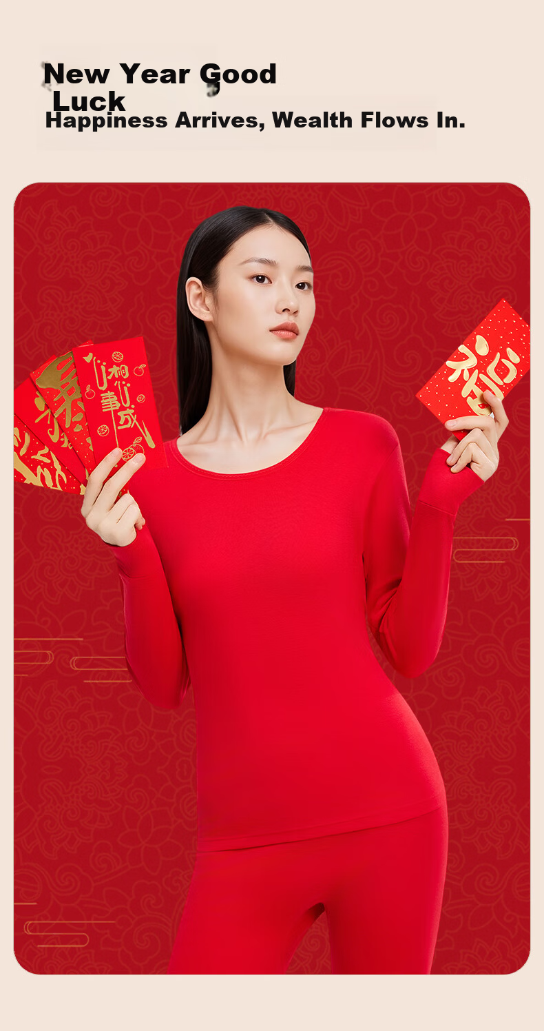 Herbal Original Pure Cotton Autumn Thermal Underwear Set for Women, Year of the Horse Warm Innerwear, Socks Gift Box, Wedding Qiji Red 12
