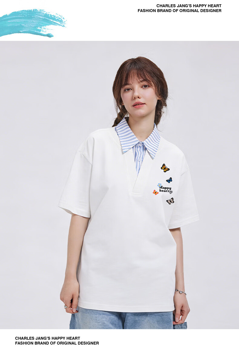 Charles Heart-Shaped False Two-Piece Cotton Couple Short Sleeve Polo Shirt with Butterfly Print Navy Blue S 14