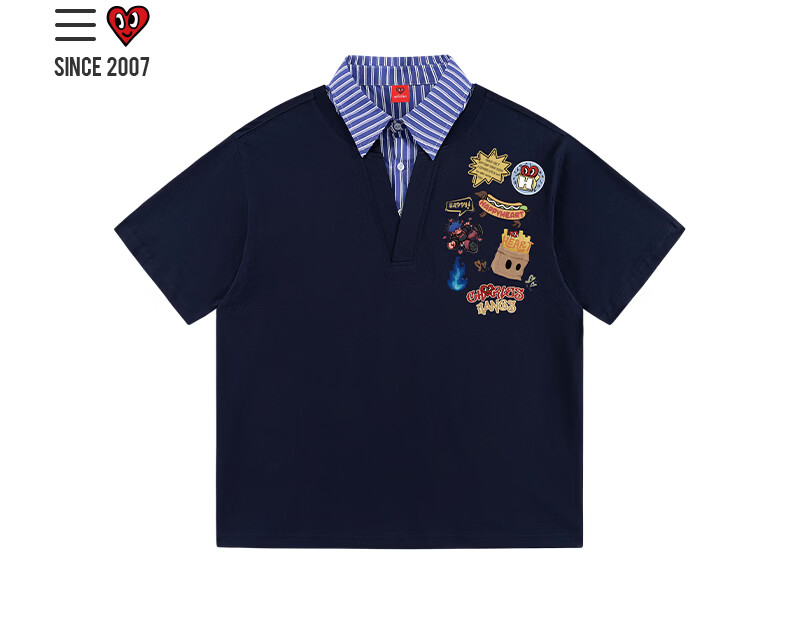 Charles Peach Heart Summer Fake Two-Piece Fun Badge Print Couple Pure Cotton Short Sleeve Polo Shirt Unisex Off-White XS 5