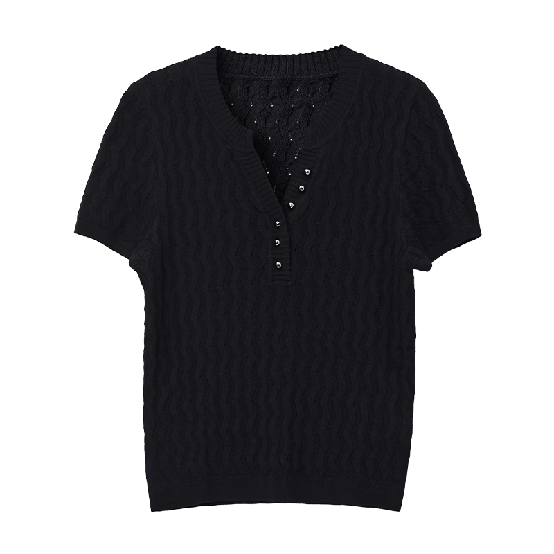 Yanyu Black Slim Fit Knitted Top Women 2026 Summer High-End Vintage Style Short Sleeve Half-Open Collar Shirt Black L
