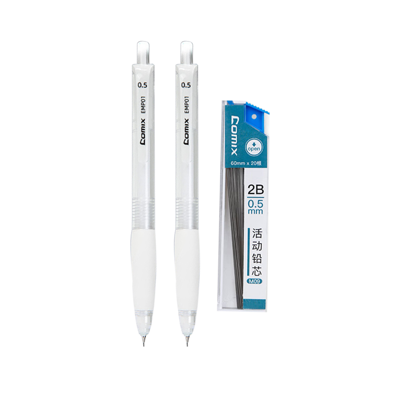 Comix EMP01 0.5mm Mechanical Pencil with Anti-Shake and Break-Resistant Lead, Large Grip, Comfortable Writing (2 Pencils + 1 Lead) White
