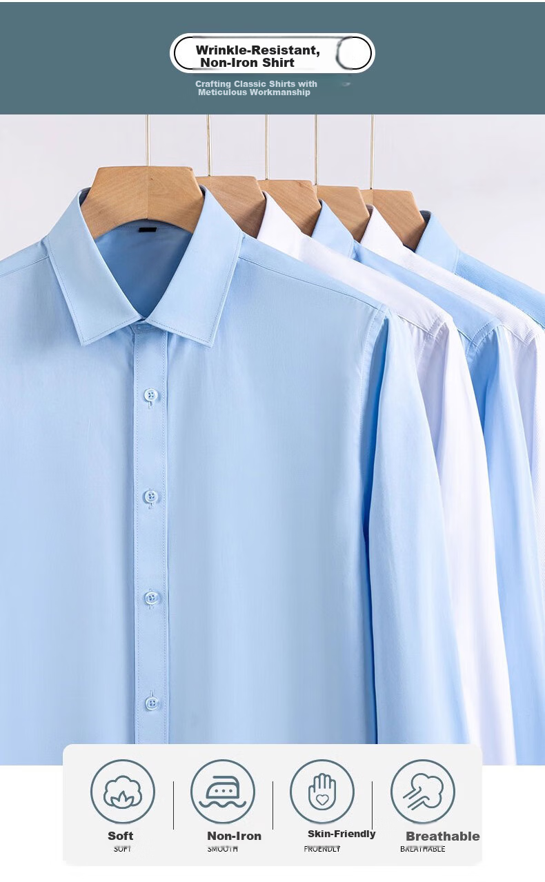 Woodpecker Plain Solid Color Men's Summer Business Wrinkle-Free Dress Shirt Suit Groomsman Long Sleeve White 41 21