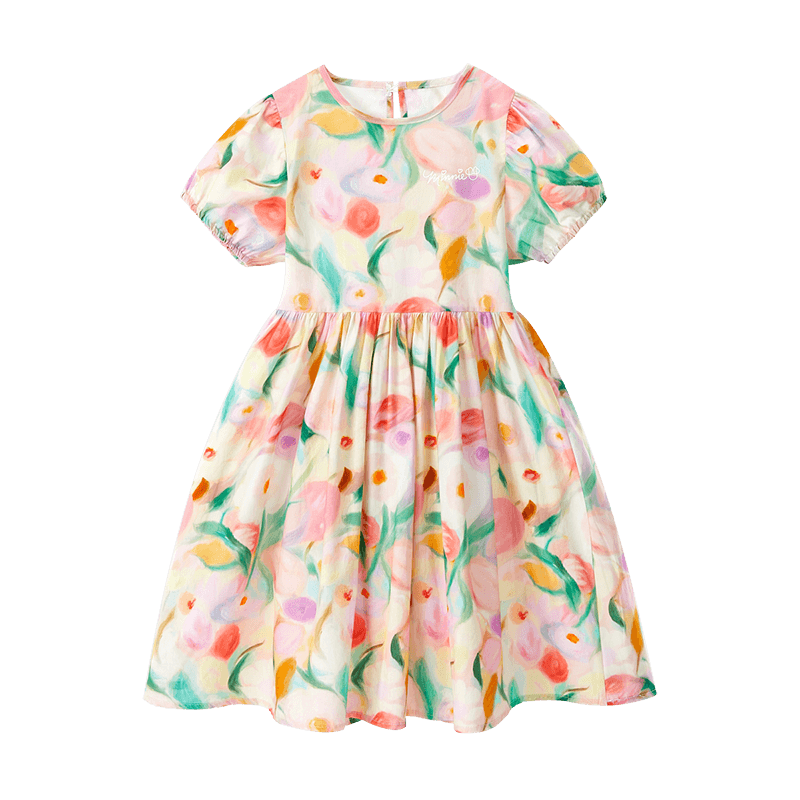 Disney Girls Dream Princess Dress 26 Summer Vacation Style Children's Puff Sleeve Floral Cotton Dress 150