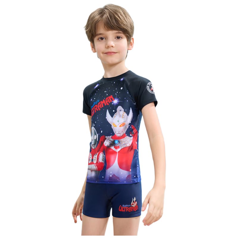 F.DYRAA Classic Ultraman Children's Swimwear, Boys' Two-Piece Set, for Older Children, Sun Protection Swimsuit, Two-Piece Set, 34037MY, Black, XL