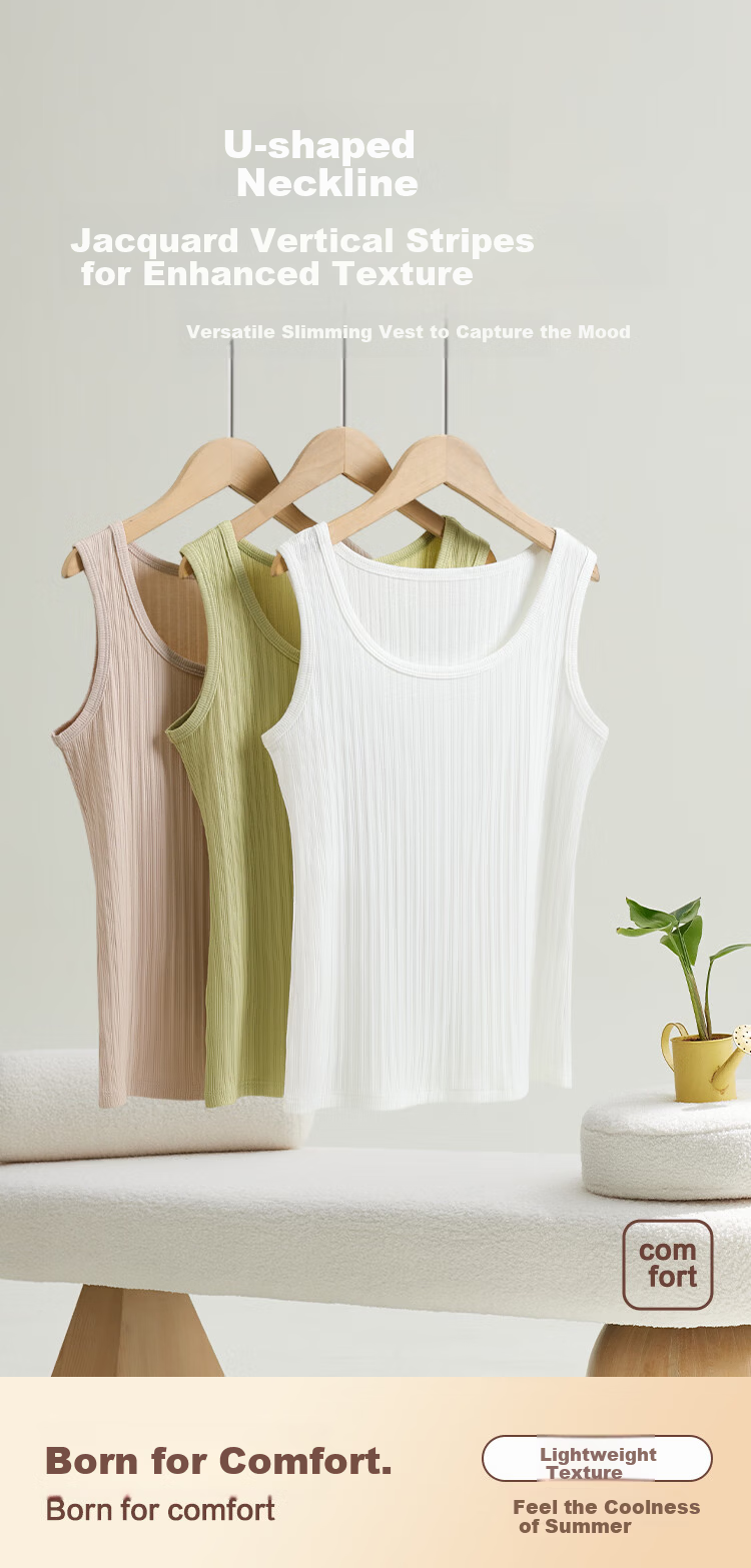 Hodo Women's Soft Cotton Stretch Jacquard Vertical Stripe Slim Fit U-Neck Tank Top Summer New Arrival 1