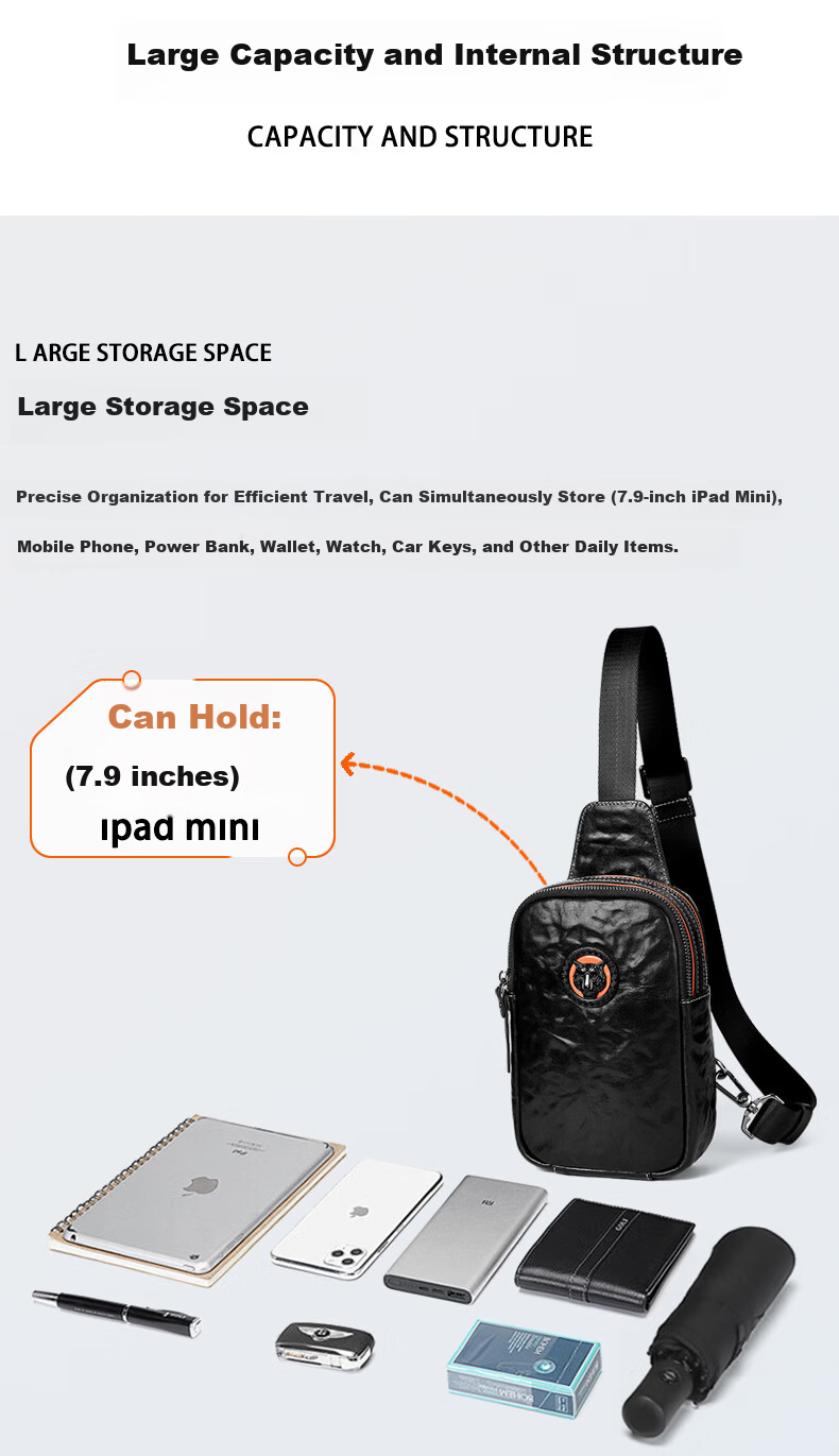 Paibaojue Men's Chest Bag First Layer Cowhide Luxury Fashion Large Capacity Single Shoulder Crossbody Bag Commuter Men's Bag Birthday Gift 8