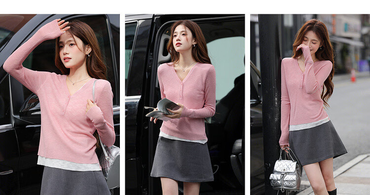 MT Romantic Style Spring Soft V-Neck Color-Block Stitching Knit Sweater for Women 6