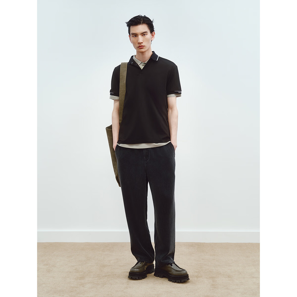 GXG Men's Casual Jacquard Texture Basic Polo Shirt Summer New Black S
