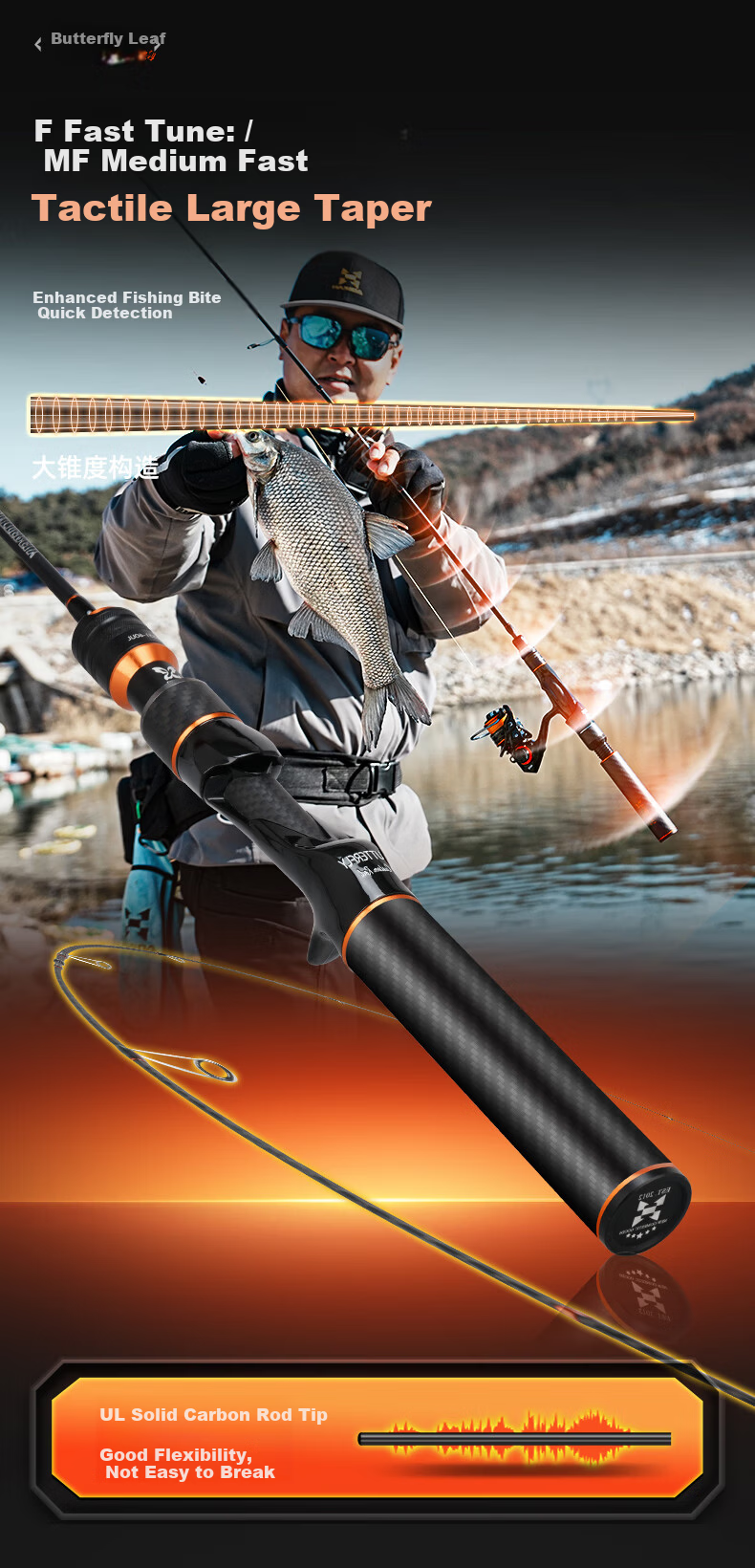 HISTAR 2.13m/2.28m Straight Handle ML [Adjustable Length] Butterfly Five-Section Portable Travel Rod [Carbon Fiber Handle] 6