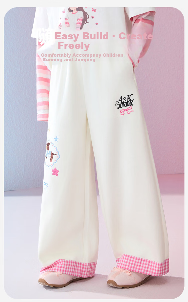 ASK JUNIOR Kids Pants 2026 Spring Straight-Leg Trousers for Girls Plaid Color-Block Casual Pants Apricot 1