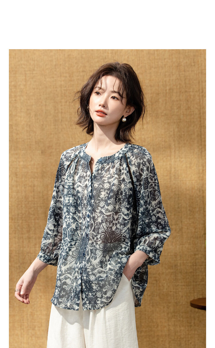 Demana Chiffon Printed Spring Lightweight French Style Round Neck Lace Trim Loose Slim Shirt for Women High-End Feel 11