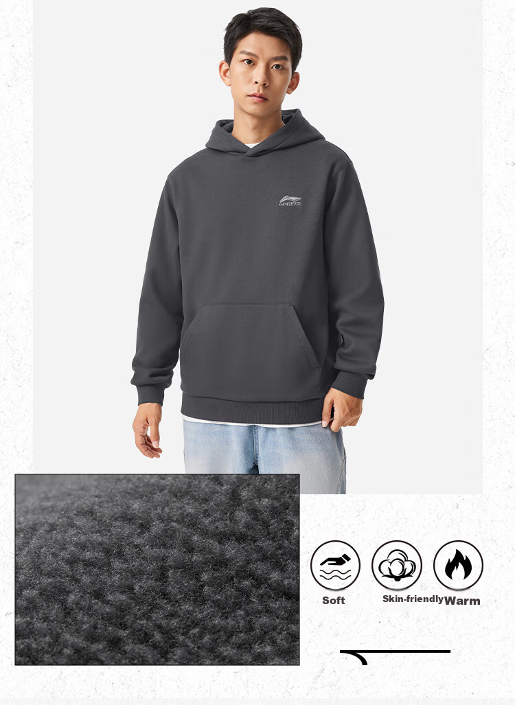 LI-NING Men's and Women's Couple Matching Fleece-Lined Warm Hoodie Loose Casual Sportswear Sweatshirt 8