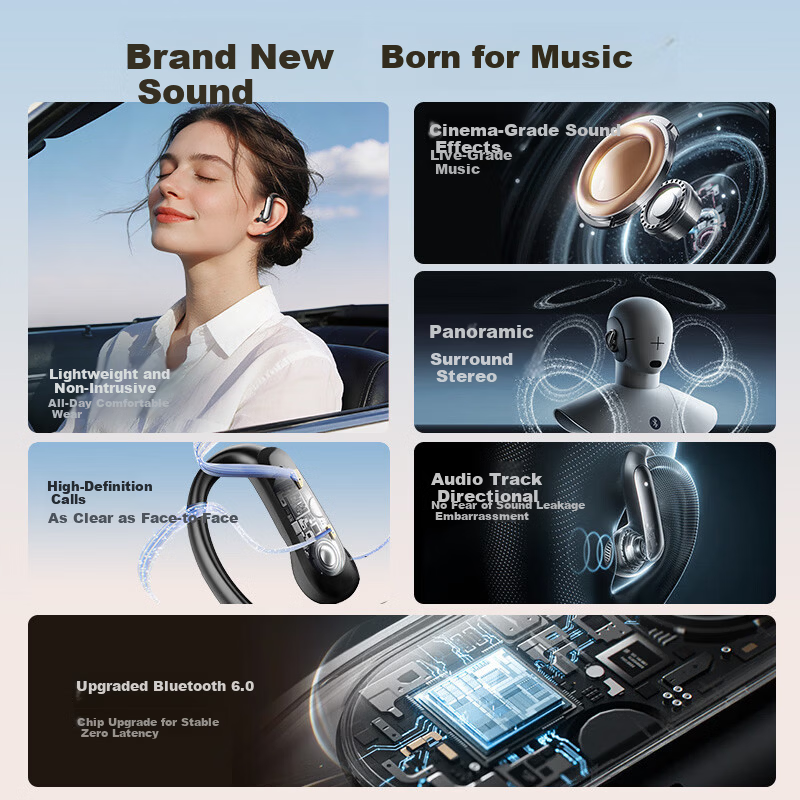 Chengao Wireless Bluetooth Earphones Over-Ear HD Sound 2025 New Bone Conduction Sports Running Cycling Long Battery Life Universal Phone G129 Black