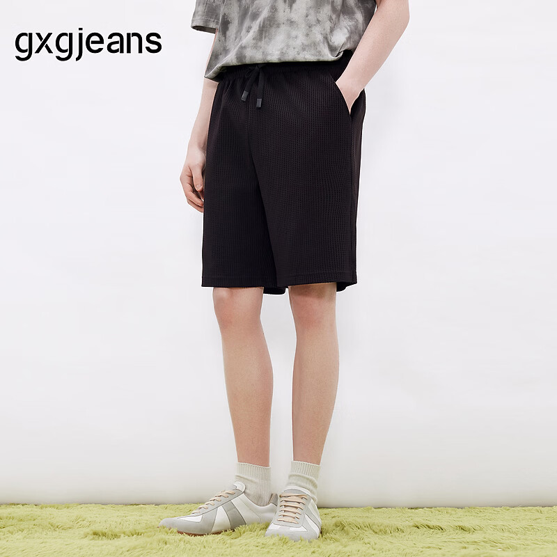 Gxgjeans Men's Casual Waffle Texture Drawstring Loose Straight Shorts 26 Summer New Black 175/L