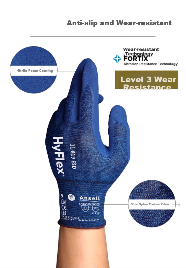 Ansell Antistatic Protective Gloves Comfortable Lightweight Touchscreen Non-slip Wear-resistant Discharge Protection Work Safety Gloves 11-819 (1 Pair) 7/S 6