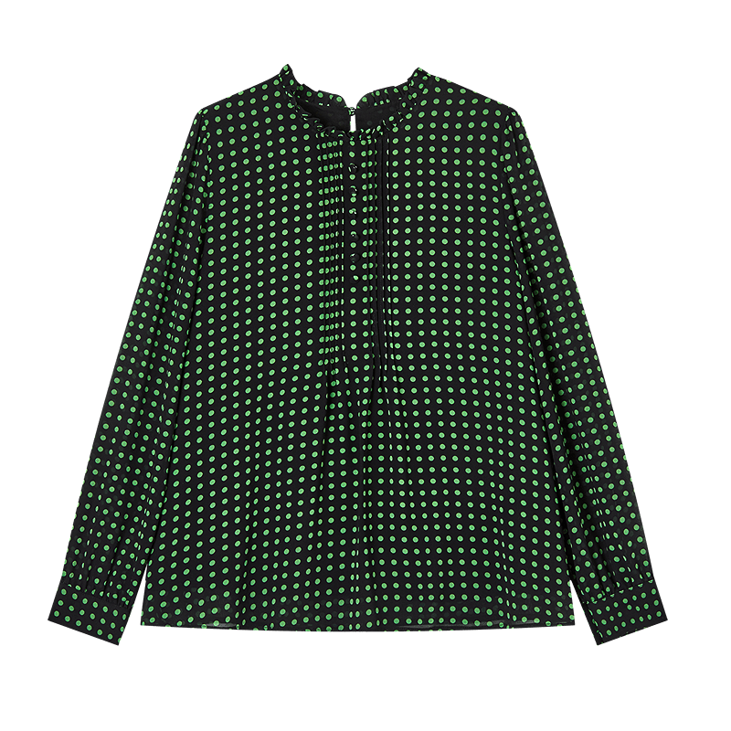 Dme Polka Dot Puff Sleeve Shirt Spring Autumn Stand Collar Fitted Long Sleeve Commuter Blouse for Women
