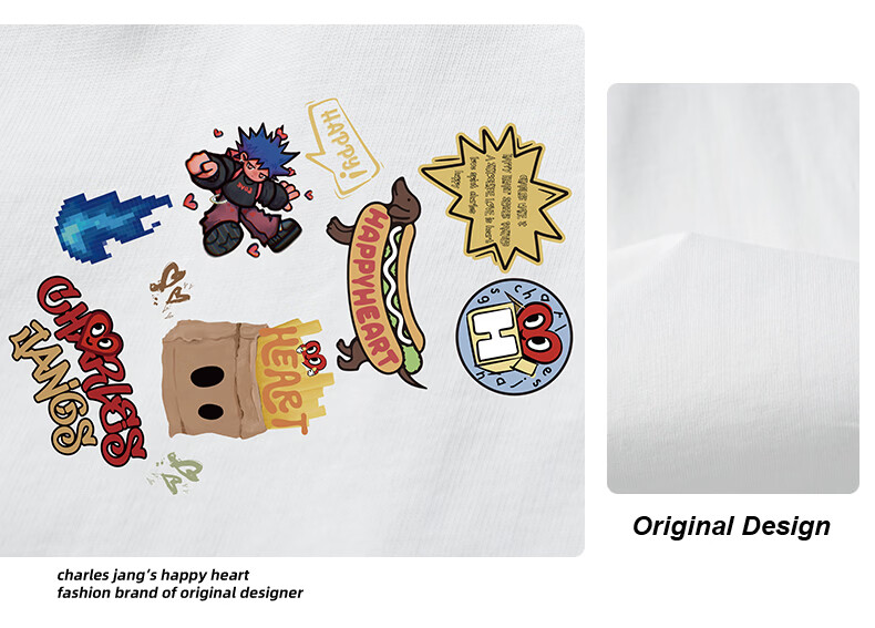 Charles Peach Heart Summer Fake Two-Piece Fun Badge Print Couple Pure Cotton Short Sleeve Polo Shirt Unisex Off-White XS 6