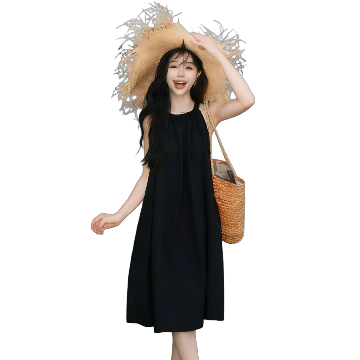 MT Summer Vacation Style Sleeveless Halter Neck Solid Color Minimalist French Casual Dress