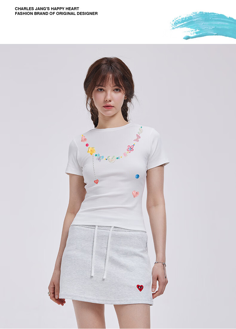 Charles Heart Trendy Love Heart Necklace Print Slim Fit Short Sleeve T-Shirt for Girls Summer Sweet and Spicy Style Black XF 8