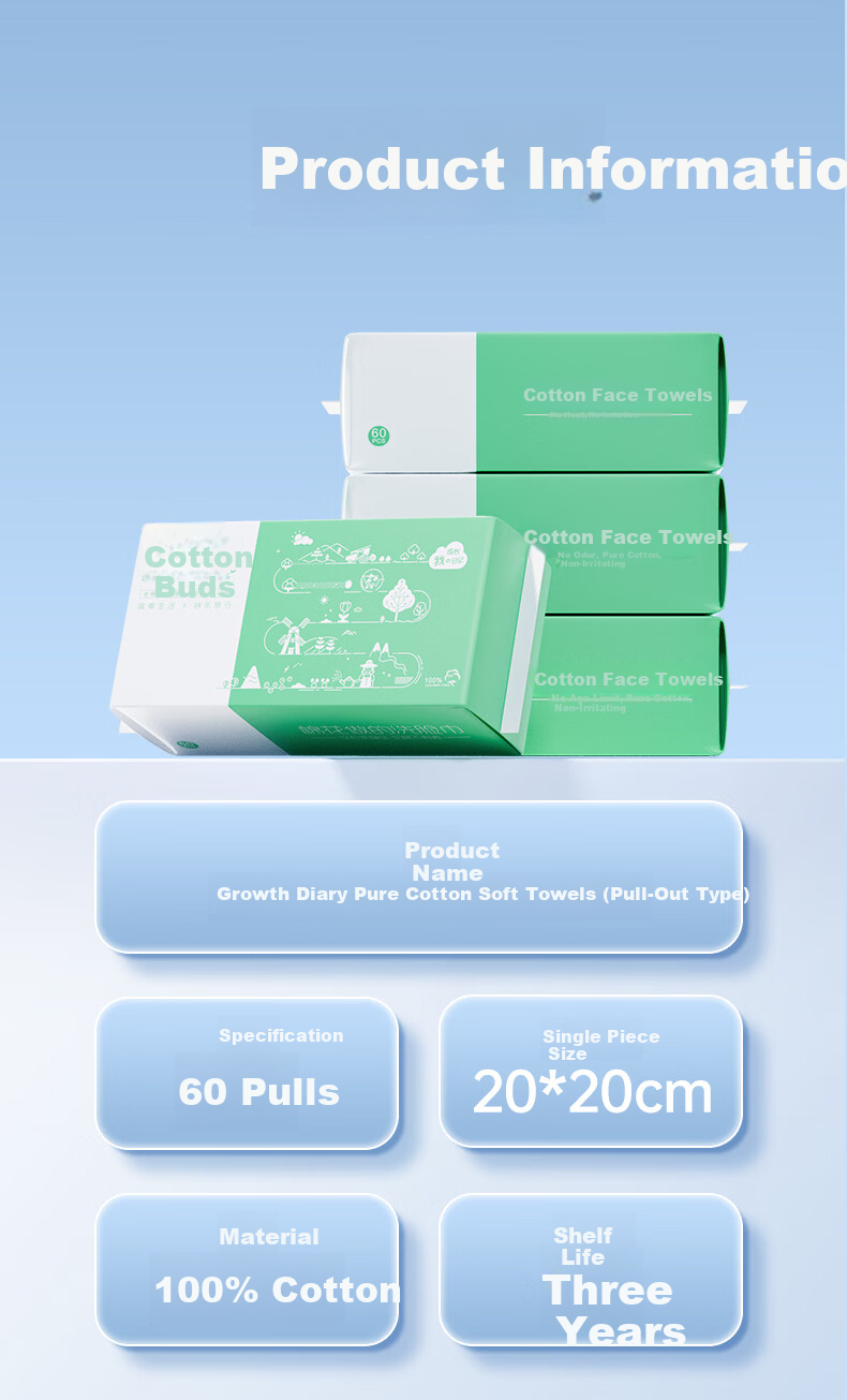 COTTON SHOOTS Facial Towel 60 Sheets*1 Pack 100% Cotton Soft Disposable Towel Boxed 20*20CM 17