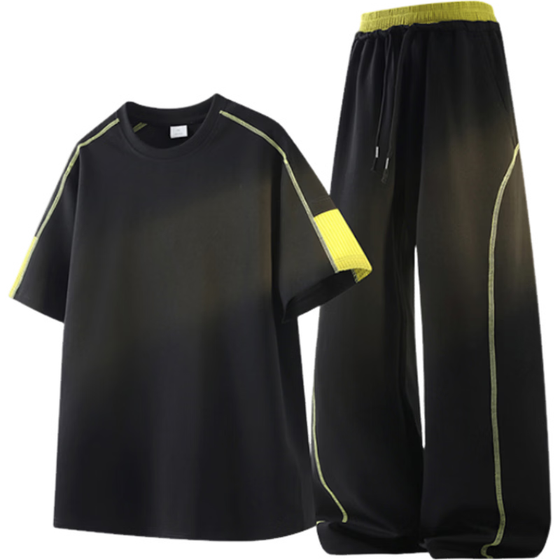 Wassup Sohot Men's Summer Solid Color Crew Neck Short Sleeve T-Shirt and Loose Fit Sports Pants Two-Piece Set Black M