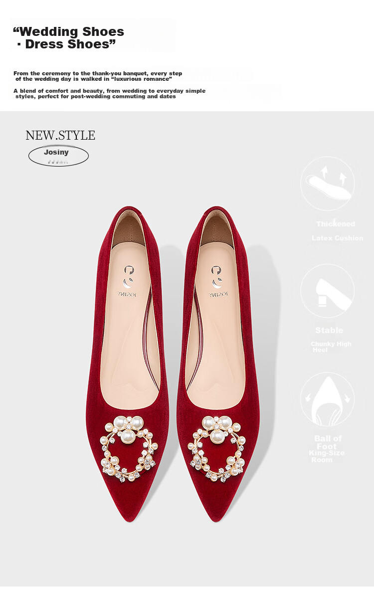Josiny Chinese Style Wedding Shoes for Women, Xiuhé Main Wedding Dress, Dual Wear, Comfortable, Red Pointed Low Heel Bridal Shoes, Red, Size 36 1