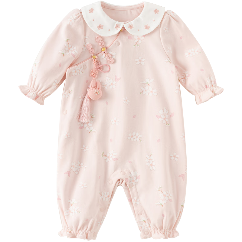 DAVE & BELLA Newborn Cotton Romper Spring And Autumn Outfit, Baby Girl Antibacterial Anti-Mite Onesie, Chinese Style Hanfu