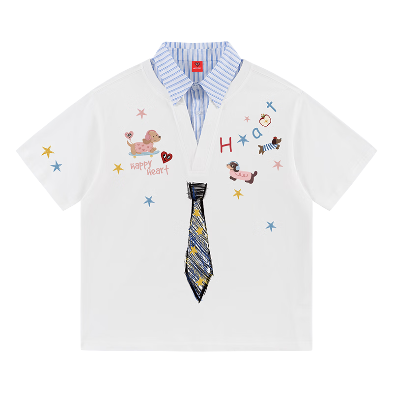 Charles Peach Heart Fake Two-Piece Fun Graffiti Tie Print Unisex Cotton Couple Short Sleeve Polo Shirt Off-White M