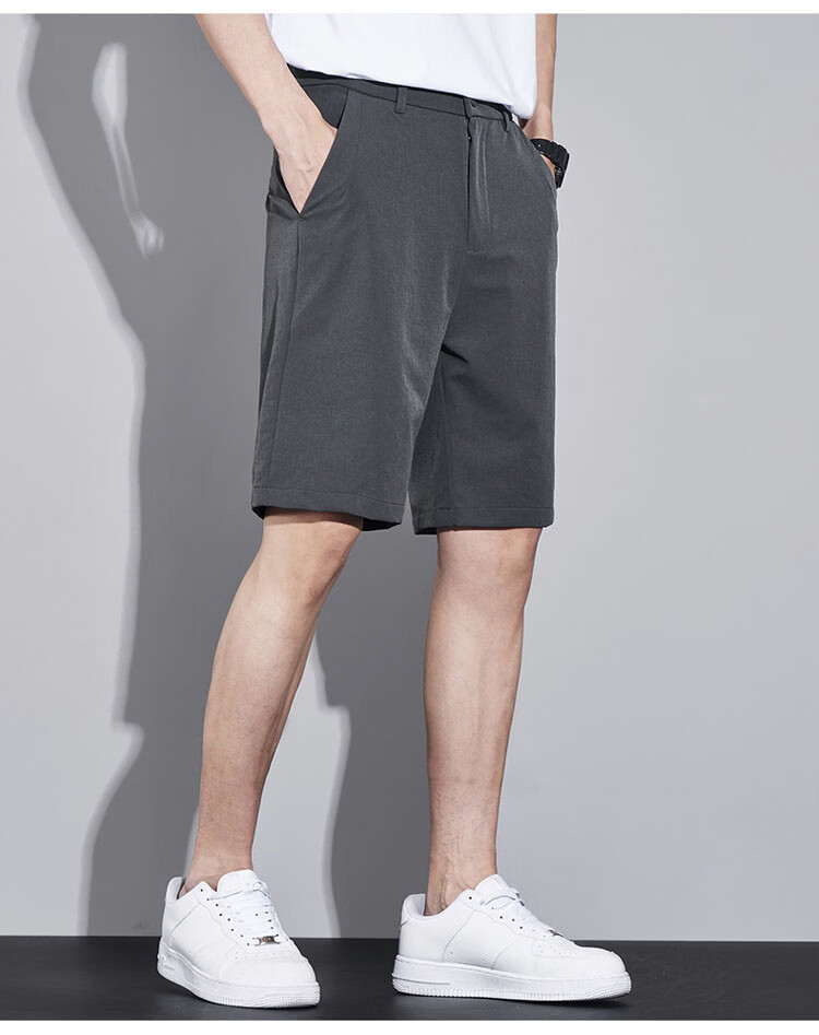 ROMON Men's Ice Silk Summer Lightweight Business Casual Five-Point Straight-Leg Suit Shorts Khaki M 10