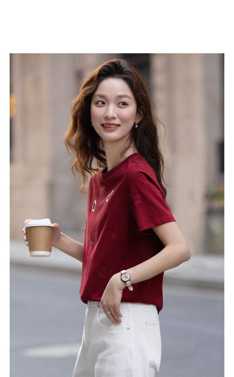 Demana [Sorona Breathable] Spring Elegant Round Neck Sequin Embroidered Short Sleeve Thick Petite Women's T-Shirt 14