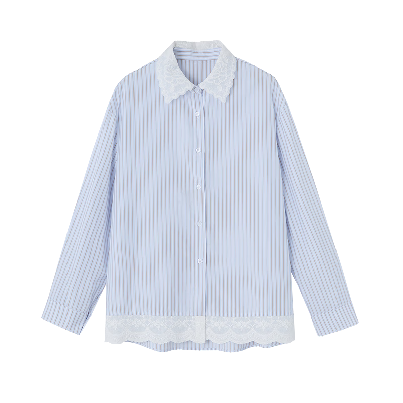 Demana Gentle Workplace Style Spring Lace Spliced Double-Layer Collar Striped Loose Petite Women's Shirt