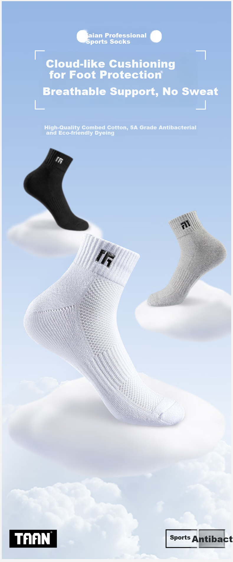 TaanTaan Antibacterial Odor-Resistant Towel Sole Breathable Short Sports Badminton Socks for Men T555 White 3 Pairs Pack 1