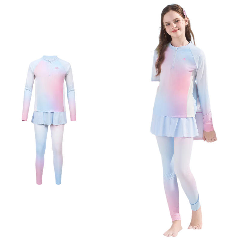 Disney Girls' Long Sleeve Long Pants Swimsuit, Kids' Sun Protection Swimwear D36058S2F Blue Pink Elsa, Size 130