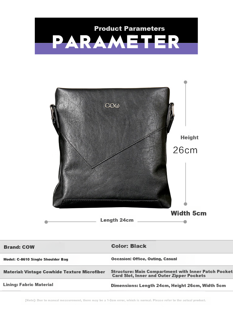COW Men's Shoulder Bag Business Casual Crossbody Chest Bag Backpack Handbag 8610 Vertical Style 3