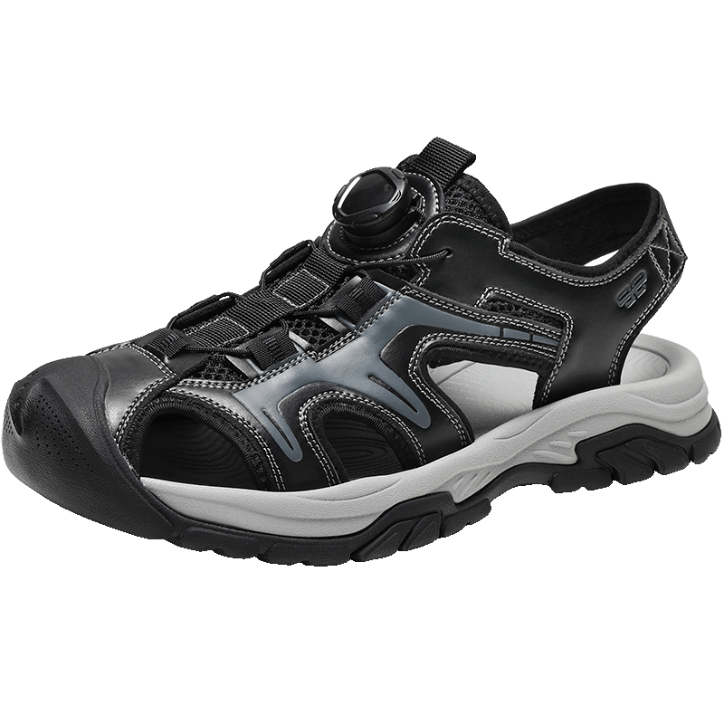 Belle Hollow Breathable Casual Sandals Men Summer 2026 New Knob Buckle Outdoor Beach Shoes A2396BL6 Obsidian Black Size 42