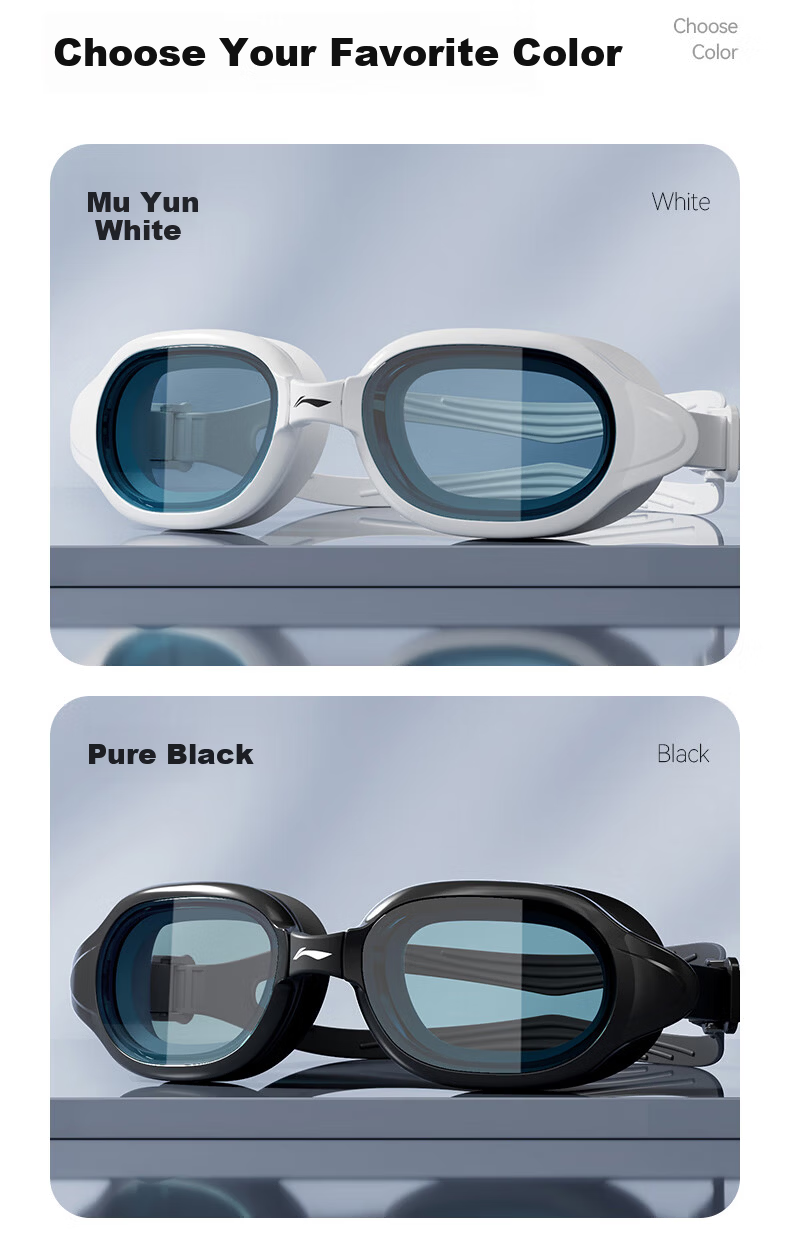 LI-NING Women's Waterproof HD Anti-Fog Large Frame Swimming Goggles 2422 White 13