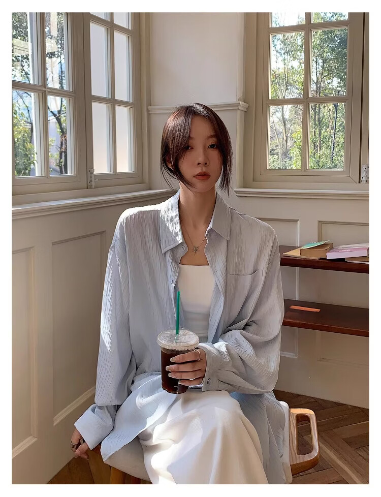 ICH MODE Textured Lazy Style Physical Sun Protection Long Sleeve Shirt Island Vacation White S 14