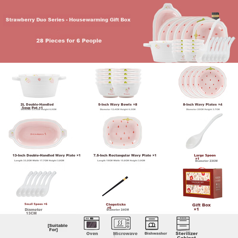 Chudi Cute Cartoon Style Ceramic Tableware Set Strawberry 28-Piece Home Dining Bowl and Plate Set [Gift Box]