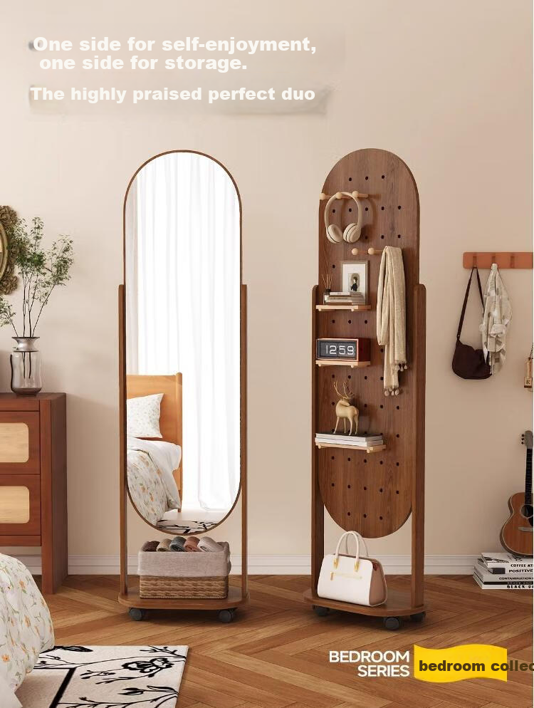 Millennium Mansion Pegboard Rotating Full-Length Mobile Floor Mirror with Integrated Clothes Rack 170*40 Walnut 1