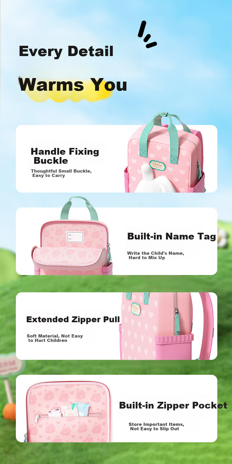 Germ Kindergarten Boys Children's Backpack for First Grade Kids Honey Bear Double Shoulder Bag 10